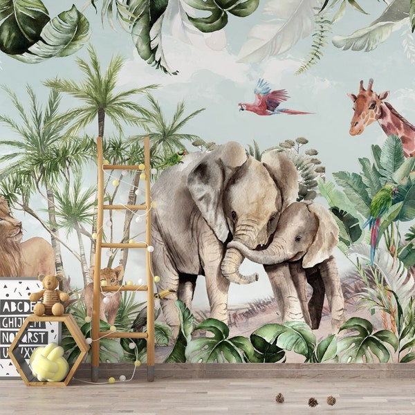 Watercolor Safari Wallpaper | Kids Safari Jungle Animals Wall Mural | Peel and Stick