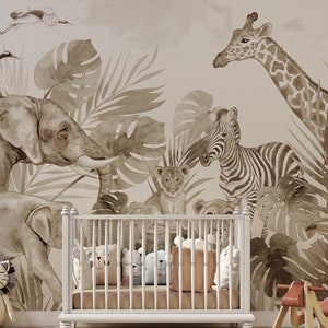 Carta da parati per bambini staccabile e attaccabile, murale da parete con animali del safari, carta da parati monocromatica safari, carta da parati rimovibile