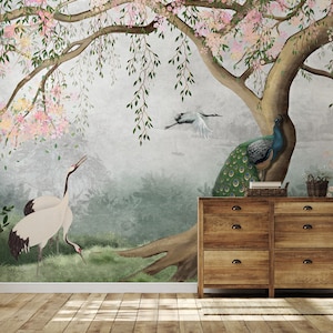 Chinoiserie Wallpaper Peel and Stick, Peacock Wall Mural, Asian Wallpaper, Tree Wall Mural, Removable Wallpaper