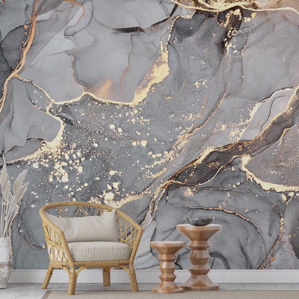 Abstract Wallpaper | Gray Gold Marble Wallpaper | Removable Wallpaper | Peel and Stick Wallpaper | Modern Art Wallpaper