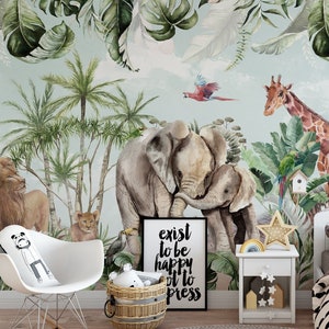 Kids Safari Wallpaper Peel and Stick, Watercolor Jungle Wallpaper, Giraffe Wallpaper, Lion Wallpaper, Removable Wallpaper