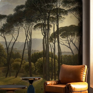 Carta da parati con alberi e paesaggio, carta da parati con alberi di pino vintage, carta da parati panoramica, carta da parati rimovibile
