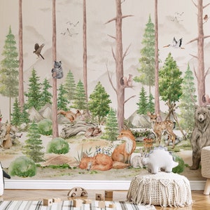 Kids Wallpaper Peel and Stick | Kids Watercolor Forest Wall Mural