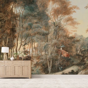 Landscape Wallpaper Peel and Stick, Scene Wall Mural, Rural Painting Wallpaper, Removable Wallpaper