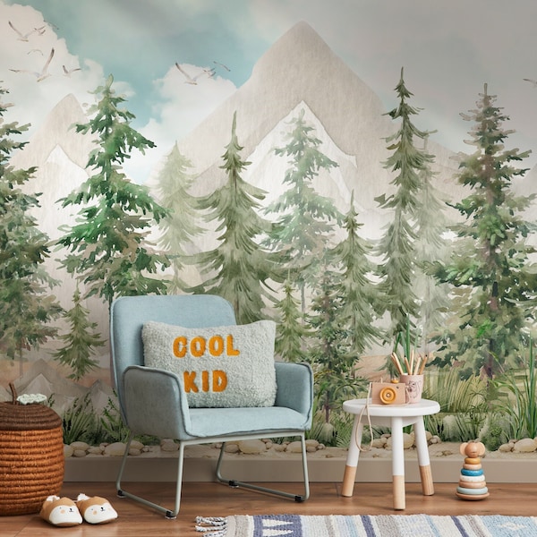 Papel pintado de bosque para niños, despegar y pegar, mural de pared con montaña y pino, papel pintado para guardería