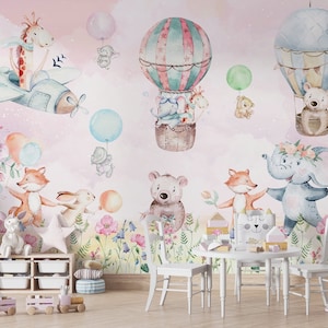 Kids Wallpaper Peel and Stick, Hot Air Balloon Wallpaper, Happy Animals Wallpaper, Kids Room Wallpaper, Children Wallpaper