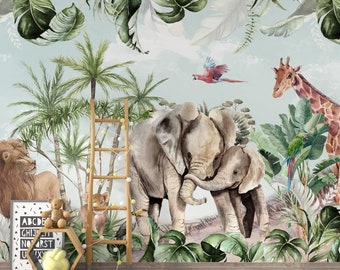 Watercolor Safari Wallpaper | Kids Safari Jungle Animals Wall Mural | Peel and Stick