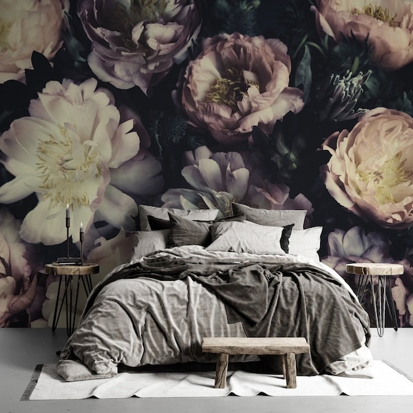 Soft Dark Floral Wallpaper | Dramatic Peony Wall Mural | Peel and Stick