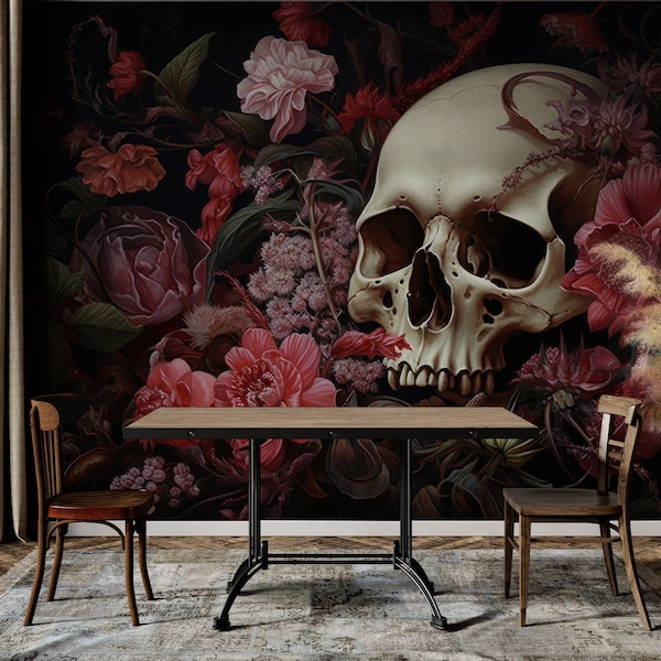 Dark Floral with Skull Wallpaper | Large Peony Floral Wall Mural | Peel and Stick Wallpaper