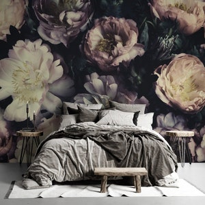 Dark Floral Wallpaper- Peel and Stick- Peonies Wall Mural- Vintage Bouquet- Removable- Living Room