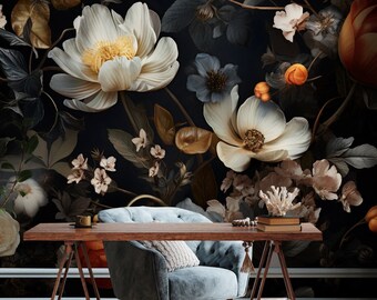 Peel and Stick Dark Floral Wallpaper With Purple Flowers, Wall Mural ...