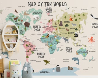 Kids Map Wallpaper Peel and Stick | Educational World Map Wall Mural | Continent Map Wallpaper