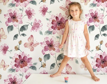 Kids Watercolor Pink Floral Wallpaper | Nursery Floral Wall Mural | Peel and Stick
