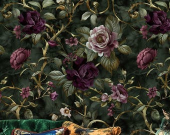 Dark Floral Wallpaper, Victorian Rose Peel and Stick, Moody Botanical Walpaper