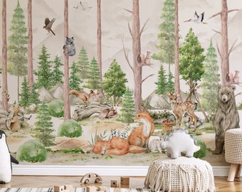 Kids Wallpaper Peel and Stick | Kids Watercolor Forest Wall Mural