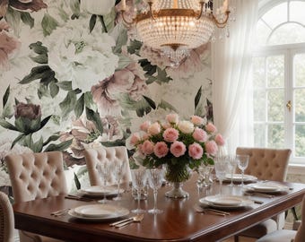 Romantic Floral Wallpaper | Vintage Peony Wall Mural | Soft Neutral Botanical Peel and Stick Wallpaper