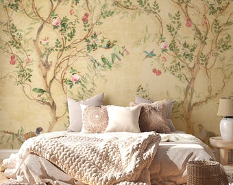 Vintage Chinoiserie Wallpaper | Removable Bird & Blossom | Peel and Stick