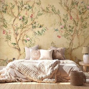 Carta da parati sofisticata in stile chinoiserie, carta da parati vintage con uccelli e fiori, carta da parati con fiori in fiore, carta da parati staccabile e adesiva, rimovibile