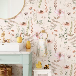 Papier peint floral sauvage aquarelle, papier peint fleurs sauvages doux, décoration murale floral botanique, papier peint autocollant, papier peint amovible