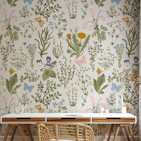 Botanical Wallpaper | Herbs and Wildflowers Wall Mural Peel and Stick | Botanical Field Floral Wallpaper