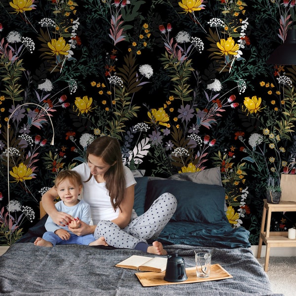 Dark Floral Wallpaper- Peel and Stick- Dark Garden Flowers- Floral Pattern- Self Adhesive- Removable