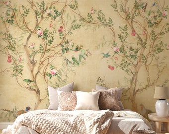 Vintage Chinoiserie Wallpaper | Floral Wallpaper with Birds | Asian Wallpaper | Peel and Stick Wallpaper | Removable Wallpaper
