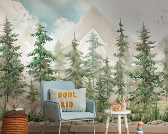 Kids Forest Wallpaper Peel and Stick, Mountain and Pine Tree Wall Mural, Nursery Wallpaper