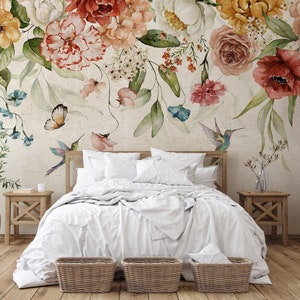 Soft Watercolor Floral Wallpaper Peel and Stick, Removable Wallpaper, Peony Blossom Wall Mural