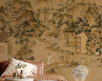 Vintage Chinoiserie Landscape Wallpaper: Peel and Stick Removable Wallpaper