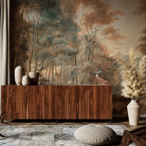 Papel pintado con paisaje de bosque vintage / Mural de pared de bosque clásico / Adhesivo extraíble