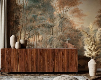 Vintage Forest Landscape Wallpaper | Classic Woodland Wall Mural | Removable Peel and Stick
