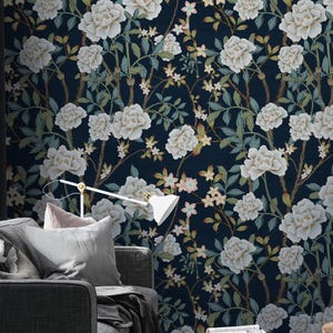 Navy Peony Floral Wallpaper: Elegant Blossom Wall Mural, Removable