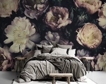 Dark Floral Wallpaper- Peel and Stick- Peonies Wall Mural- Vintage Bouquet- Removable- Living Room