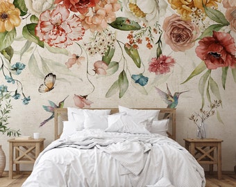 Soft Watercolor Floral Wallpaper Peel and Stick, Removable Wallpaper, Peony Blossom Wall Mural