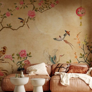 Chinoiserie Wallpaper Peel and Stick, Watercolor Peony Tree Wall Mural, Removable Wallpaper
