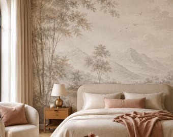 Neutral Landscape Wallpaper, Taupe Chinoiserie Wall Mural, Elegant Beige Scenic Peel and Stick Wallpaper