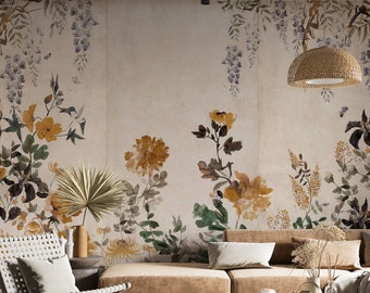 Watercolor Amber Floral Wallpaper | Spring Flower Wall Mural | Peel and Stick | Removable Wallpaper
