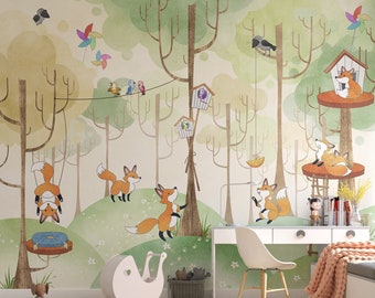 Kinderbehang | Vossen in bosmuurschildering | Wild leven dieren behang | Kinderkamer kunst aan de muur | Schil en plak | Verwijderbaar behang