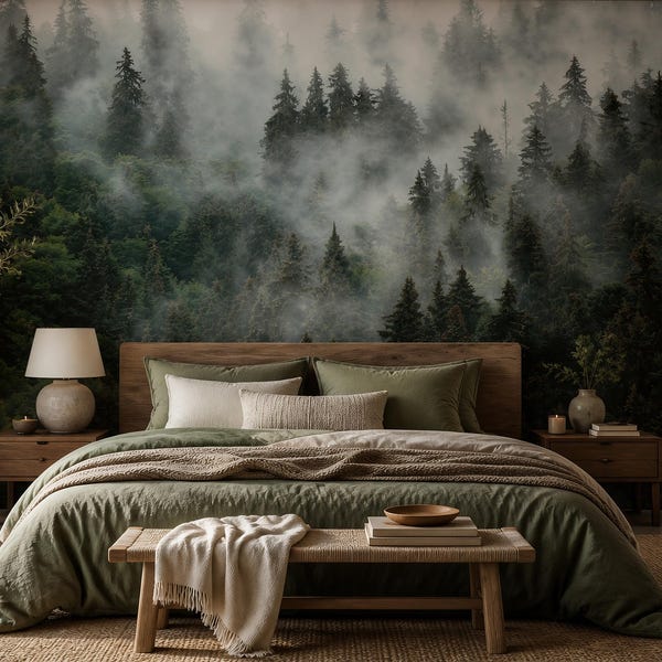 Misty Forest Wallpaper | Moody Pine Tree Wall Mural