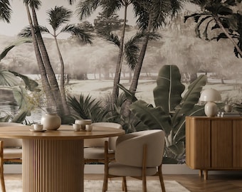 Neutral Tropical Wallpaper | Luxury Palm Lake Wall Mural | Elegant Botanical Wallpaper