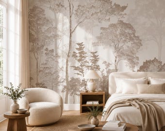 Luxus neutrale Wald Tapete | Nebliges Malerisches Wandbild | Soft Beige Waldlandschaft | Schälen & Aufkleben