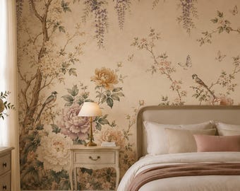 Romantische Chinoiserie Tapete | Weicher Blumenvogel Wandbild | Vintage botanische Tapete | Elegantes Beige Dekor