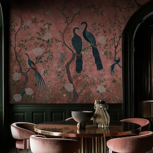 Dusty Rose Chinoiserie Wallpaper, Dark Teal Bird and Blossom Peel and Stick Wall Mural