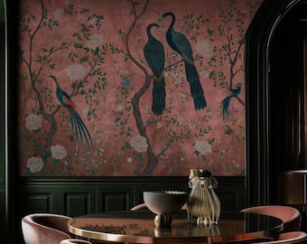 Carta da parati Chinoiserie color rosa antico, murale staccabile con uccelli e fiori color verde acqua scuro