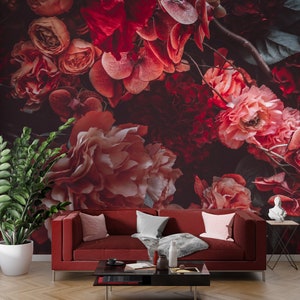 Carta da parati floreale scura / Grande murale con fiore di peonia rossa / Carta da parati con fiore staccabile e attaccabile