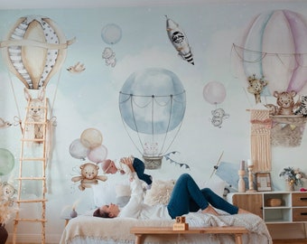 Kids Wallpaper | Flying Animals Wall Mural | Hot Air Balloon | Peel and Stick | Nursery Wallpaper