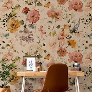 Floral Wallpaper Peel and Stick, Watercolor Flowers with Birds Wall Mural, Removable Wallpaper