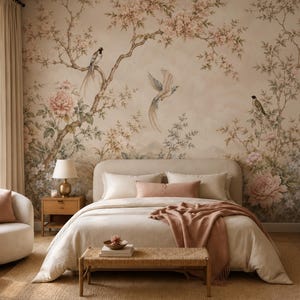 Chinoiserie Bird Wallpaper | Romantic Floral Wall Mural | Elegant Botanical Wallpaper | Vintage Beige