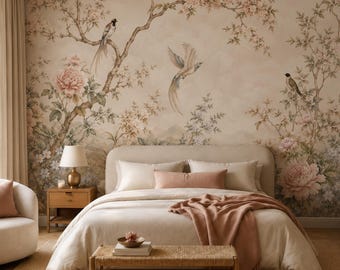 Chinoiserie Bird Wallpaper | Romantic Floral Wall Mural | Elegant Botanical Wallpaper | Vintage Beige