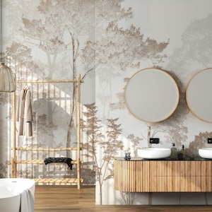 May include: A modern bathroom with a freestanding white bathtub, a wooden vanity with two round mirrors, and a bamboo clothing rack. The walls feature a forest-themed mural in neutral tones, creating a serene and natural ambiance.